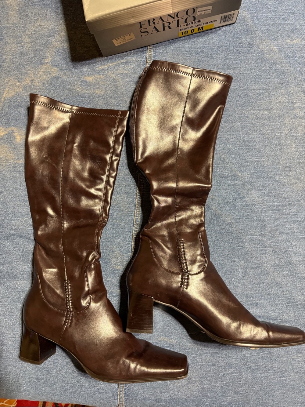 Franco Sarto Dark Brown Leather Mid-Calf Block Heel Boots